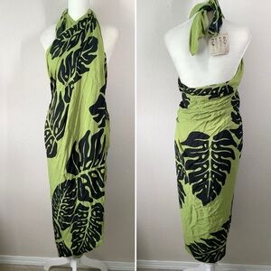 Beach Sarong Scarf Cover-Up Pareo Dress Green Black Boho Leaf Print NEW